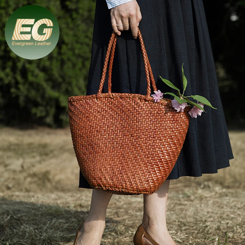 Emg6775 Best Seller Raffia Beach Hand Made Women's Bucket Basket Bags Woman Designer Ladies Large Genuine Leather Woven Tote Bag