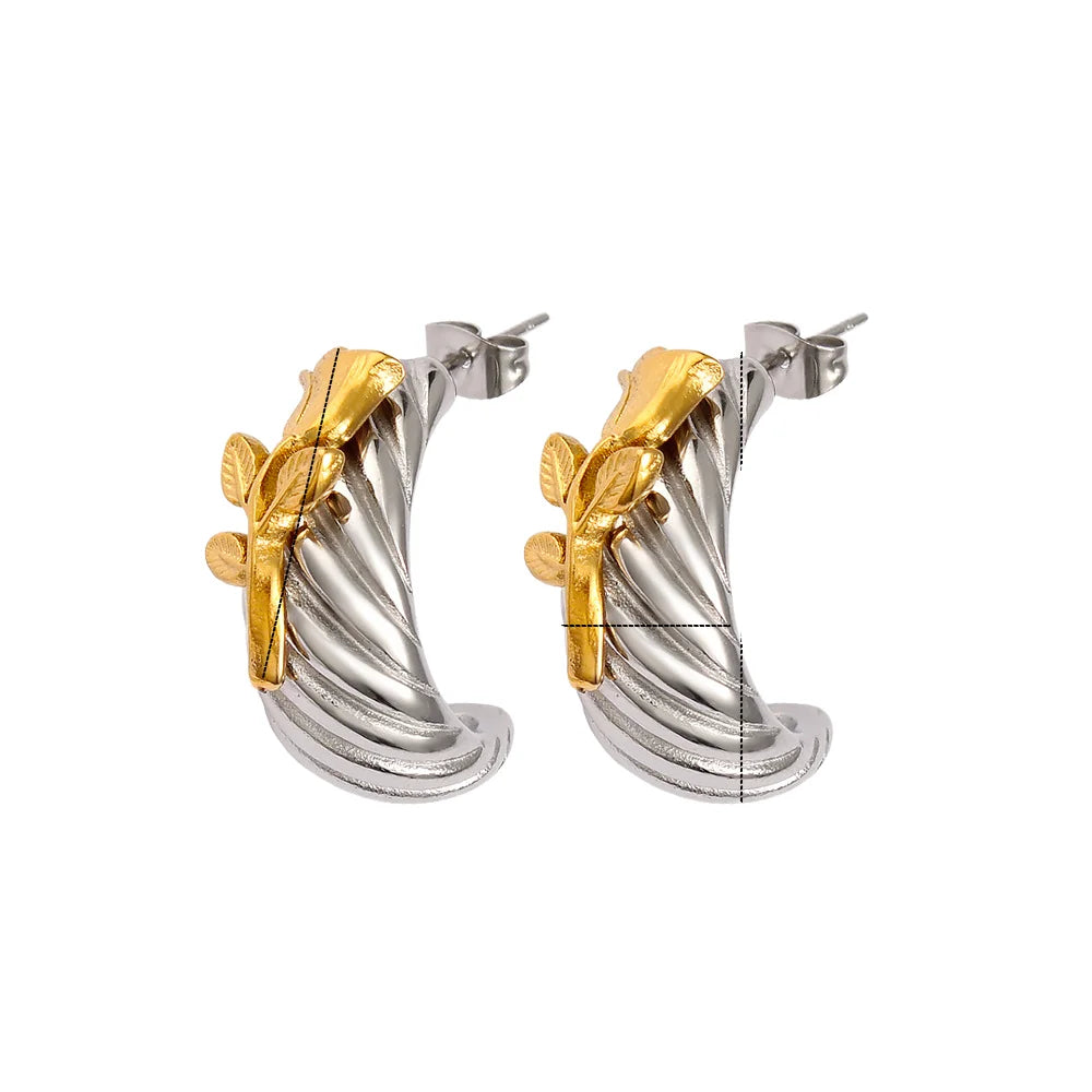 N&S 18K PVD Two-Tone Cast Striped Rose Flower Earrings Stainless Steel Gold and Steel with Fashion Drop Design