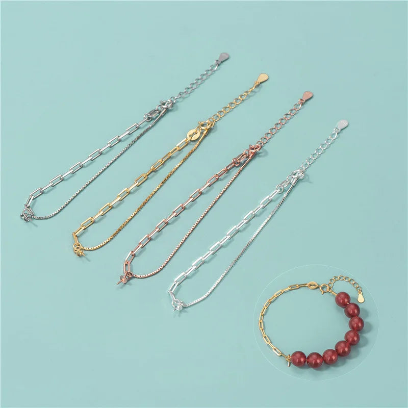 925 Sterling Silver Half Paper Clip Chain Half Box Chain Semi Finished Bracelets for Beaded Bracelets Making