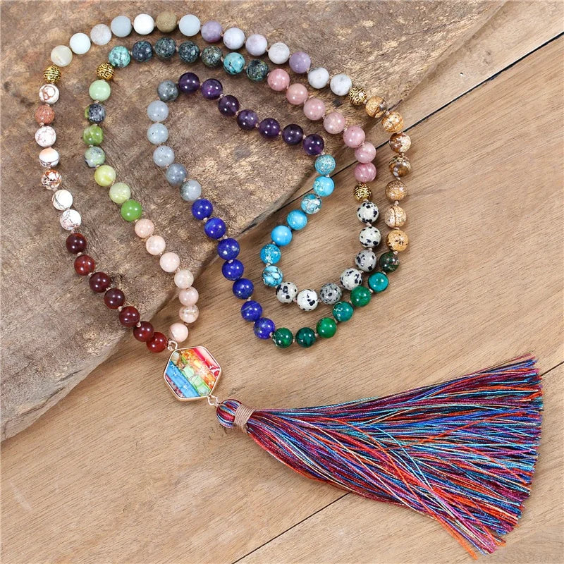 Vintage 7 Chakra Natural Stone 108 Mala Beads Necklace With Multi Colors Long Tassel Meditation Jewelry Friends Gifts Wholesale