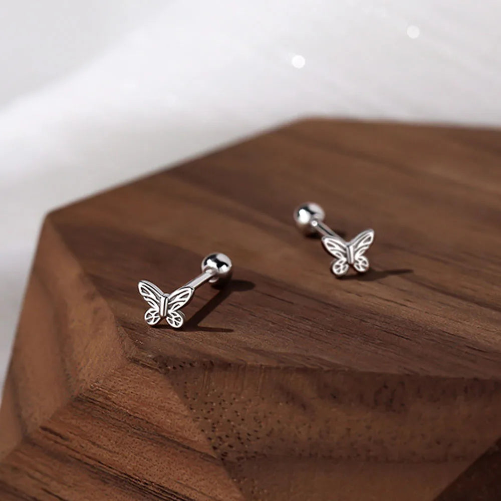 Solid S999 Sterling Silver Hollow Butterfly Stud Earrings Screw Nail Design Earrings for Women Jewelry Accessories YB-XY-155