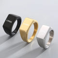 Custom LOGO IP Plated Stainless Steel Statement Dome Band Rectangle Square Round Signet Hand Ring for Men Finger Ring Jewelry