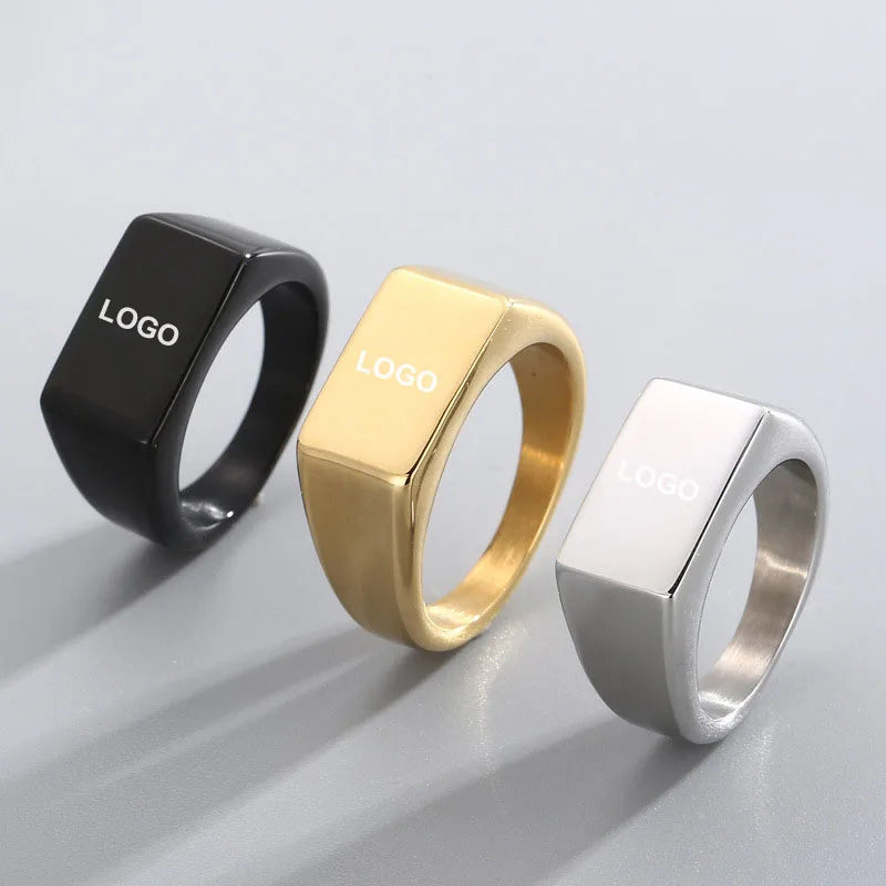 Custom LOGO IP Plated Stainless Steel Statement Dome Band Rectangle Square Round Signet Hand Ring for Men Finger Ring Jewelry