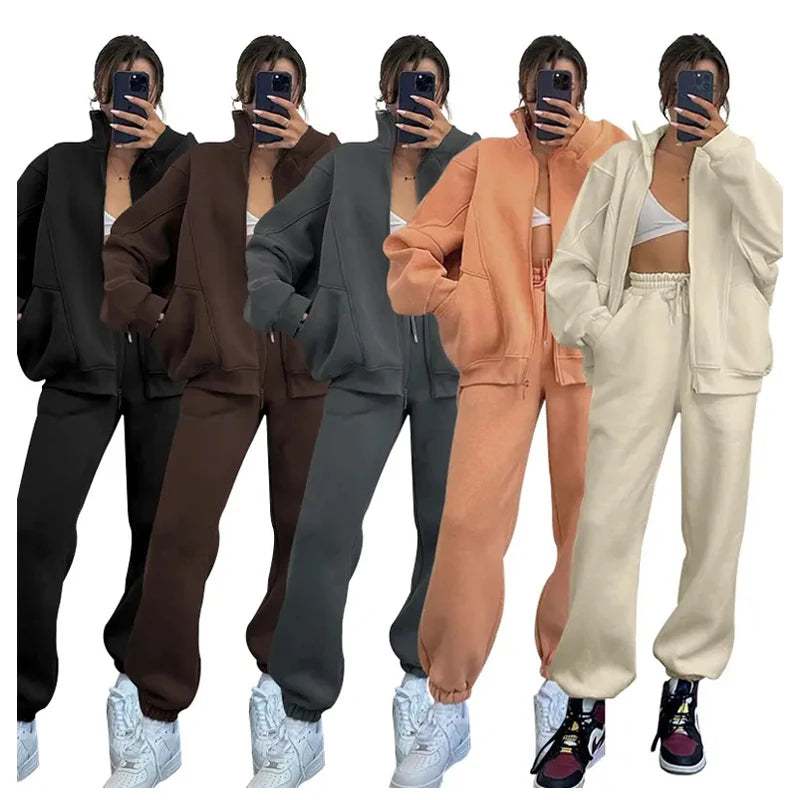 Autumn and Winter Solid Color Stand Collar Cardigan  2 Piece Set Women Long Sleeve and Wide Leg Pant