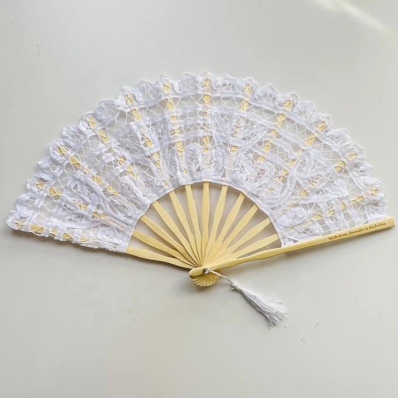 Chinese Festive & Party Supplies Wholesale Handmade Lace Fan Bamboo Folding Hand Fan for Wedding Party With Engrave Logo