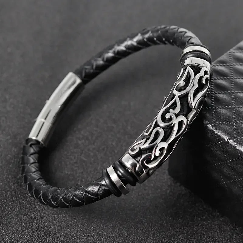 Men's Genuine Leather Personalized Rope Bracelets Fashion Charm Stainless Steel Bracelet Customize Laser Engraved Jewelry OT-027
