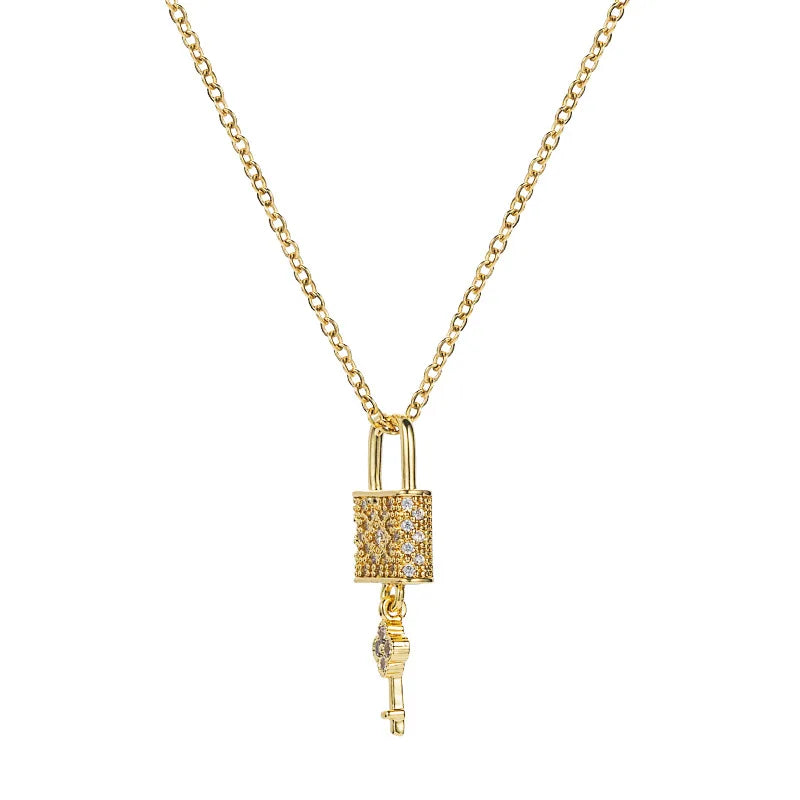 Fashion Jewelry Necklace Stainless Steel Crystal Lock Key Necklace Gold Plated Cz Zircon Love Key Pendant Necklace