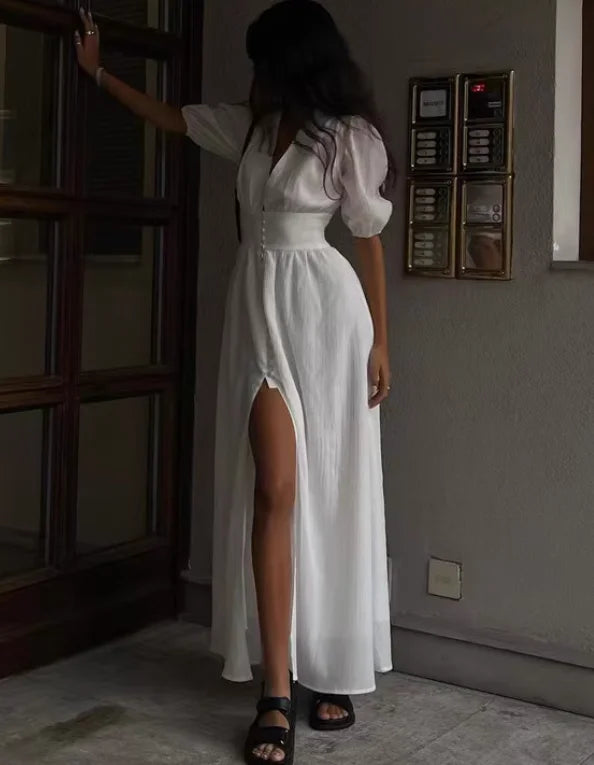 White Comfortable Special Design Puff Sleeves Temperament Slit Multiple Button Dress