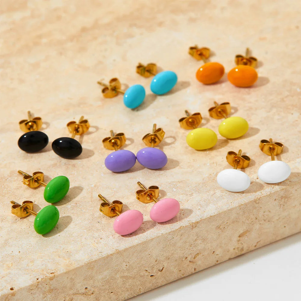 New Design Drop Glaze Colored Stud Earrings Bean Round Ball Candy Color Stainless Steel Stud Earrings for Women