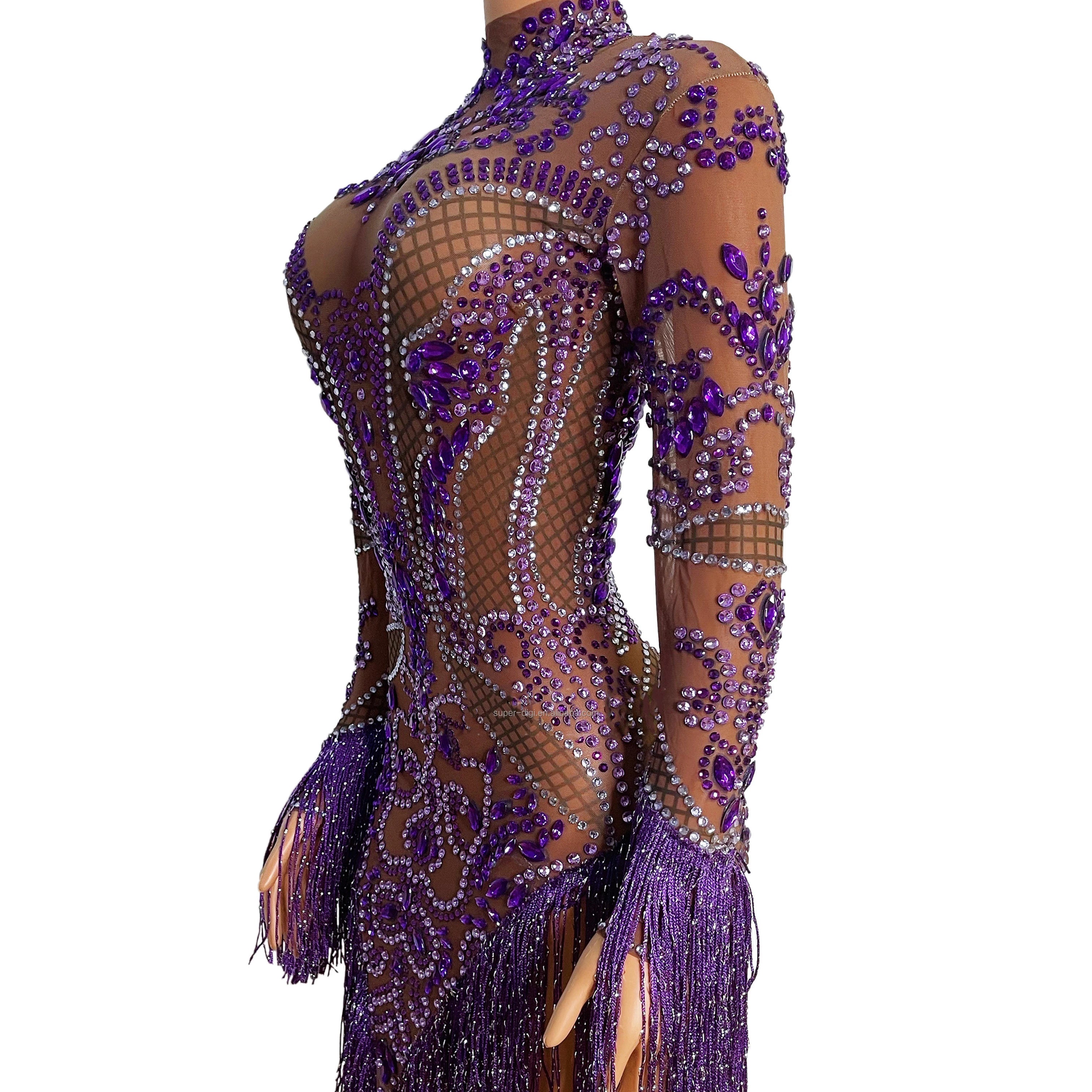 Singer Crystal Purple  Club Wear Dress Party Birthday Auto Show Prom Costumes Evening Rhinestone Dress Robe Soire