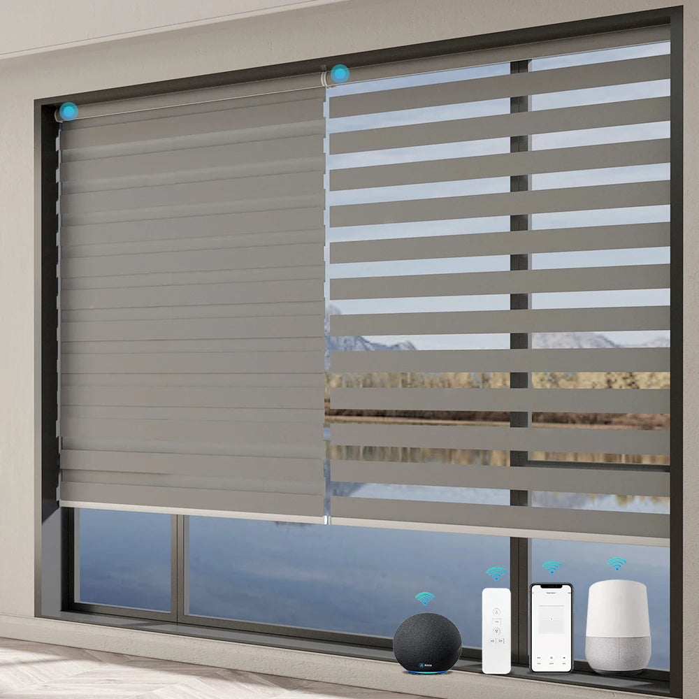 Perfect Fit European Sweet Double Layer White Box Simple Smart Day Night Alexa Controlled Motorized Zebra Roller Blinds