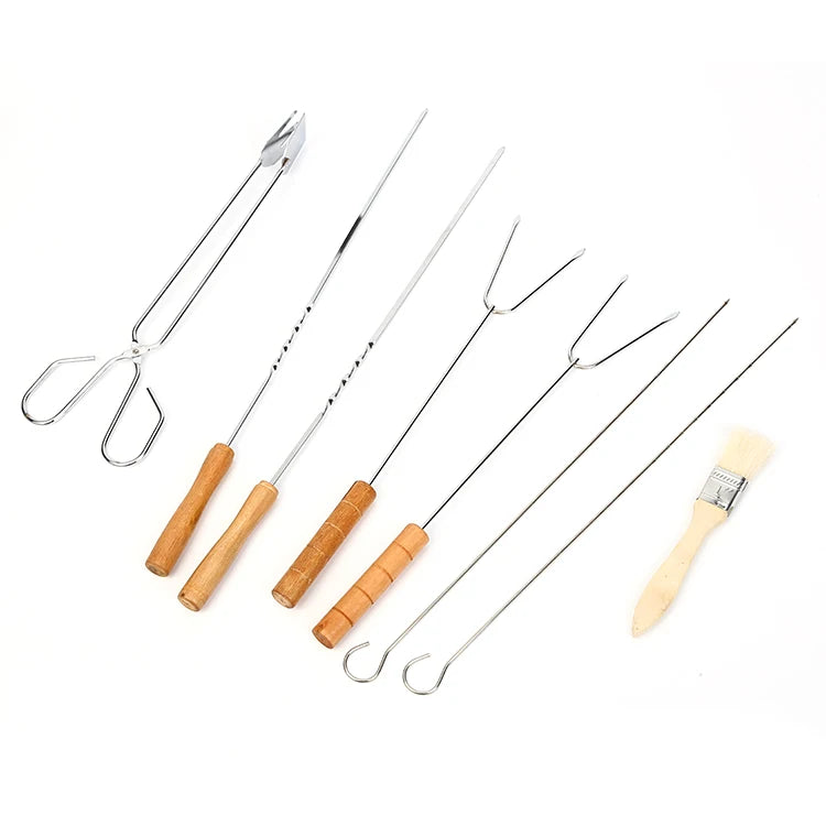 Barbecue Picnic BBQ Accessories 8 Piece Set Steel Tongs Skewer Roasting Clamp Fork Needle Brush