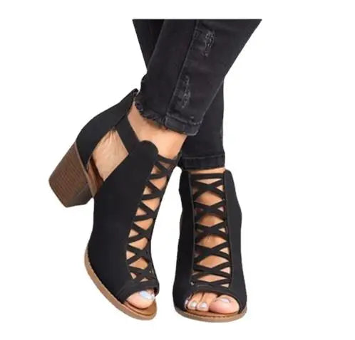2026 Spring and Summer New Large Size Peep Toe Chunky Heel High Heels Buckle Back Women's Sandals