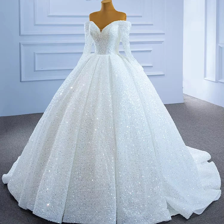 Guangzhou Auyan Wedding Bride 2024 New Heavy Beaded One Line Shoulder Long Sleeve Vintage Main Yarn Long Train MegaBDM