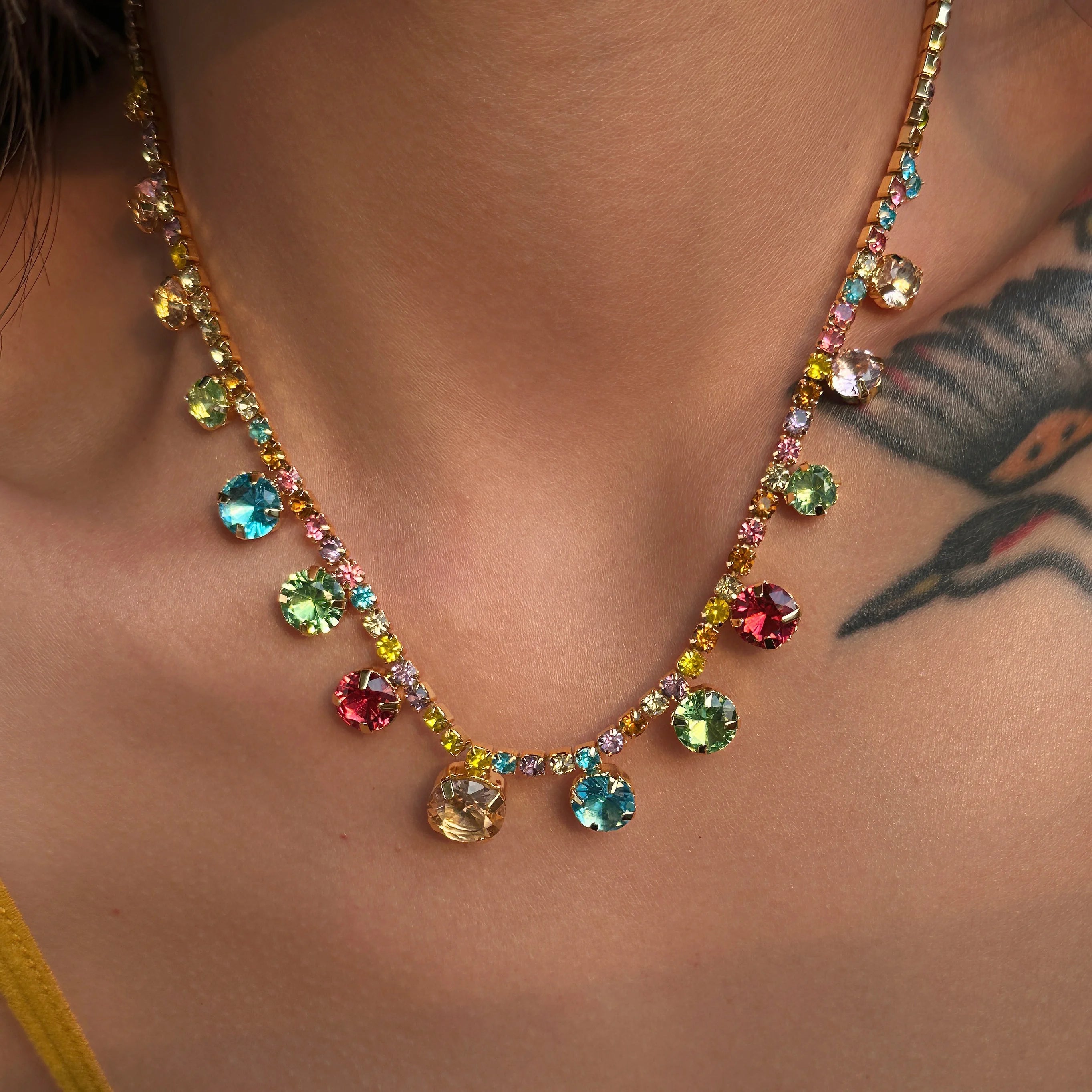 2022 Dazan New 18k Gold Plated Tarnish Free Colorful 5a Zircon Dangle Pendant Tennis Necklace Luxury Jewelry for Women