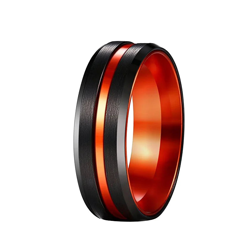 POYA Jewelry Men's 8mm Black Tungsten Carbide Wedding Band with Orange Interior 18K Gold Plating High Quality for Gift