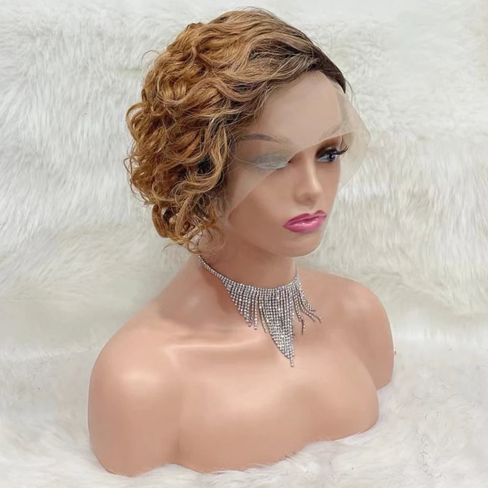 Pxie Cut Curly Lace Front Wig Ombre Honey Blonde Colored Human Hair Wigs Preplucked 13x1 Short Bob Frontal Wigs for Black Women