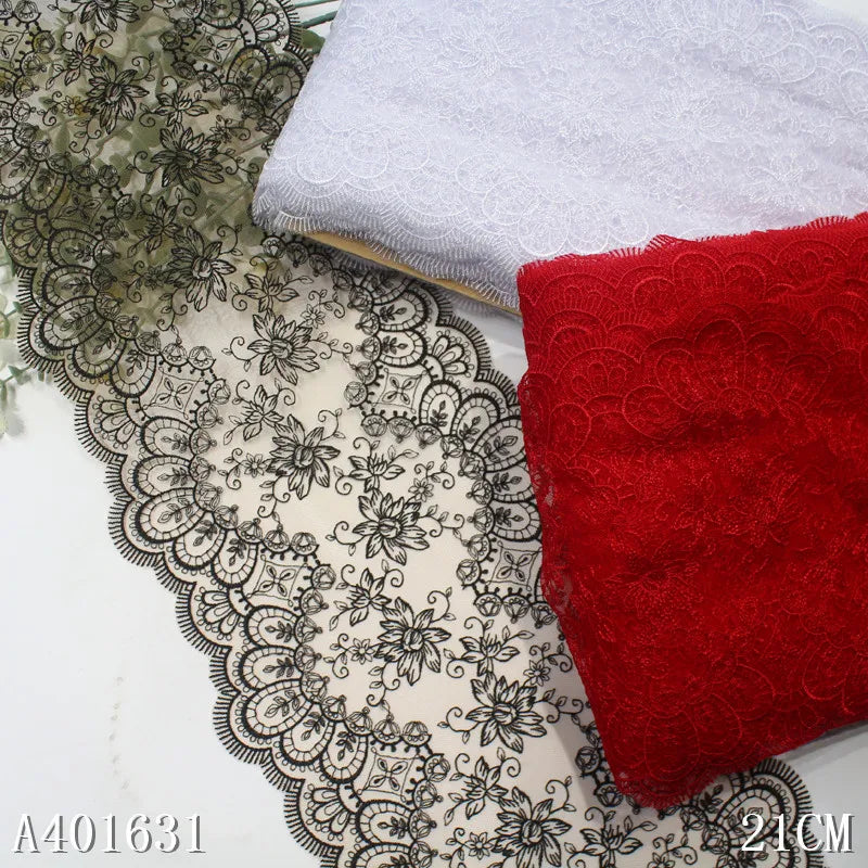 Elegant 21CM Black Tulle Flower Net Embroidery Border Lace Voile Floral Embroidered Lace Trim Fabric for Women Lingerie Dress