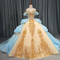 Sky Blue Ball Gown Quinceanera Dresses Sleeves Crystal Appliques Lace Beads Sweet 16 Dress 6608