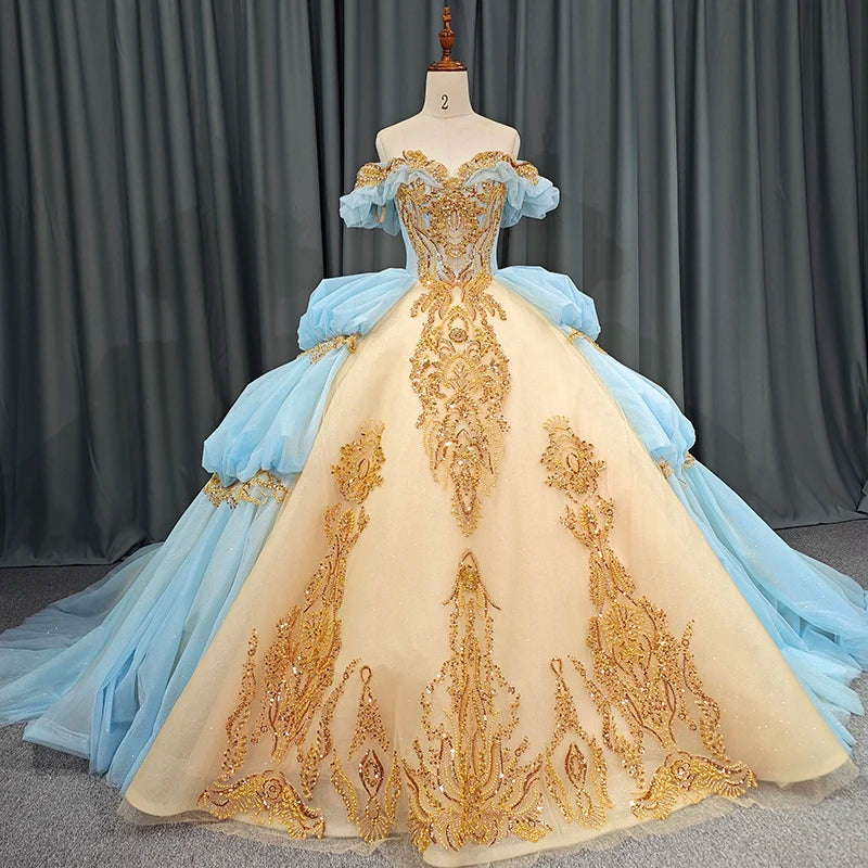 Sky Blue Ball Gown Quinceanera Dresses Sleeves Crystal Appliques Lace Beads Sweet 16 Dress 6608
