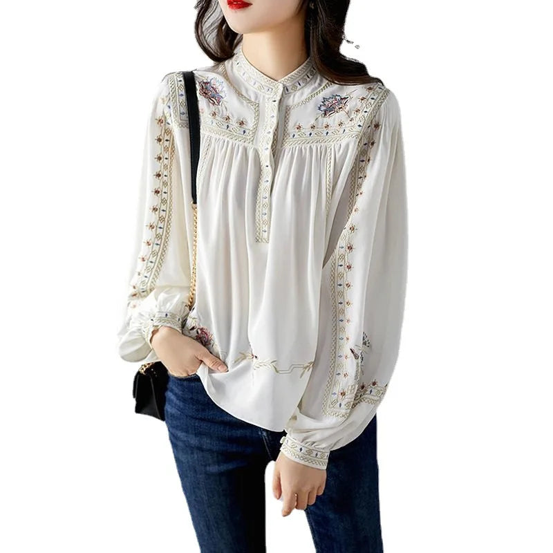 Fashion Versatile Print Shirt Spring and Autumn New Standing Collar Bohemian Loose Western-style Top