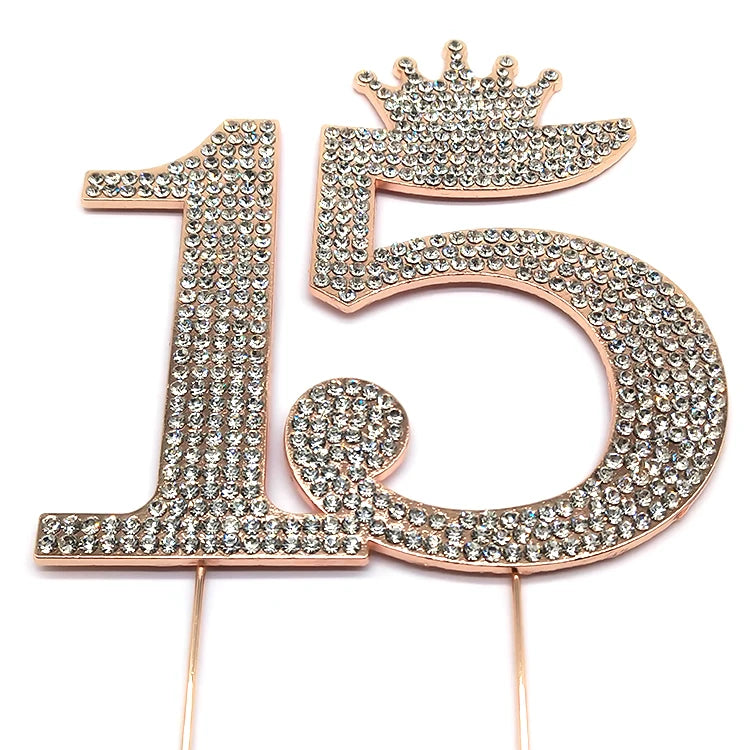 Hot Sale Rose Gold Metal Princess Crown Number 15 Crystal Rhinestone Number Cake Topper for 15th Birthday Party Cake Decoration