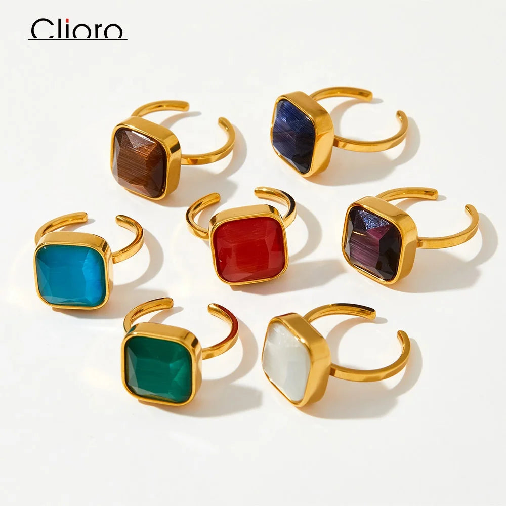 INS Women's Trendy Christmas Ring Natural Opal Stone New Colorful Multicolor Square Gold Gold Plated Stainless Steel Optional