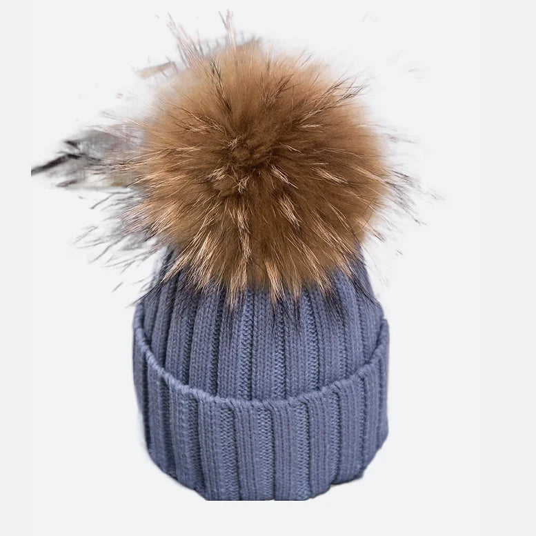 Wholesale Custom Acrylic Knitted Hat Real Fur Pom Beanie With Detachable Pom Pom