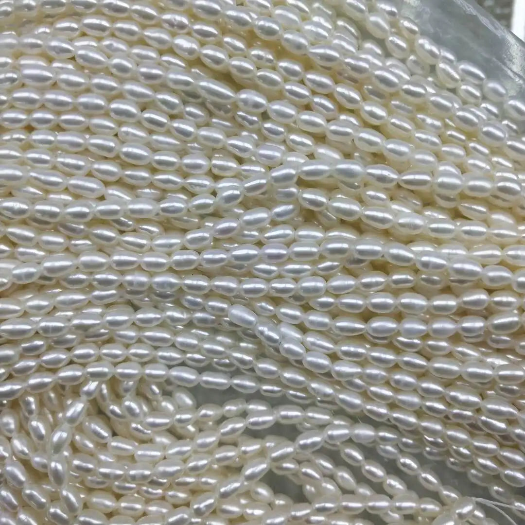 3-4 mm Long Rice Shape Pearl in Strand 100% Nature Freshwater Pearl Wholesale