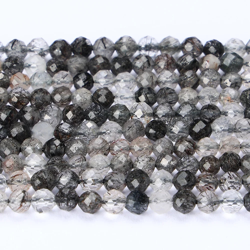 JSES Wholesale A+ Natural Black Rutilated Quartz Faceted Beads 2mm/3mm Loose Beads for Jewelry Making Bracelet DIY Accessories