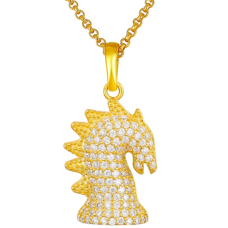 Drop Shipping Hip Hop Jewelry Gold Plated Chess Charm 925 Silver VVS Moissanite Hippocampus Pendant Necklace