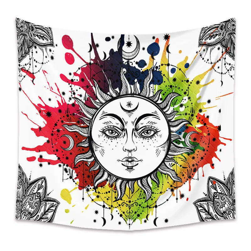Witchcraft Astrology Mandala Tapestry Black and White Sun Moon Tarot Hippie Aesthetic Cloth Fabric Large Tapestry Wall Hanging