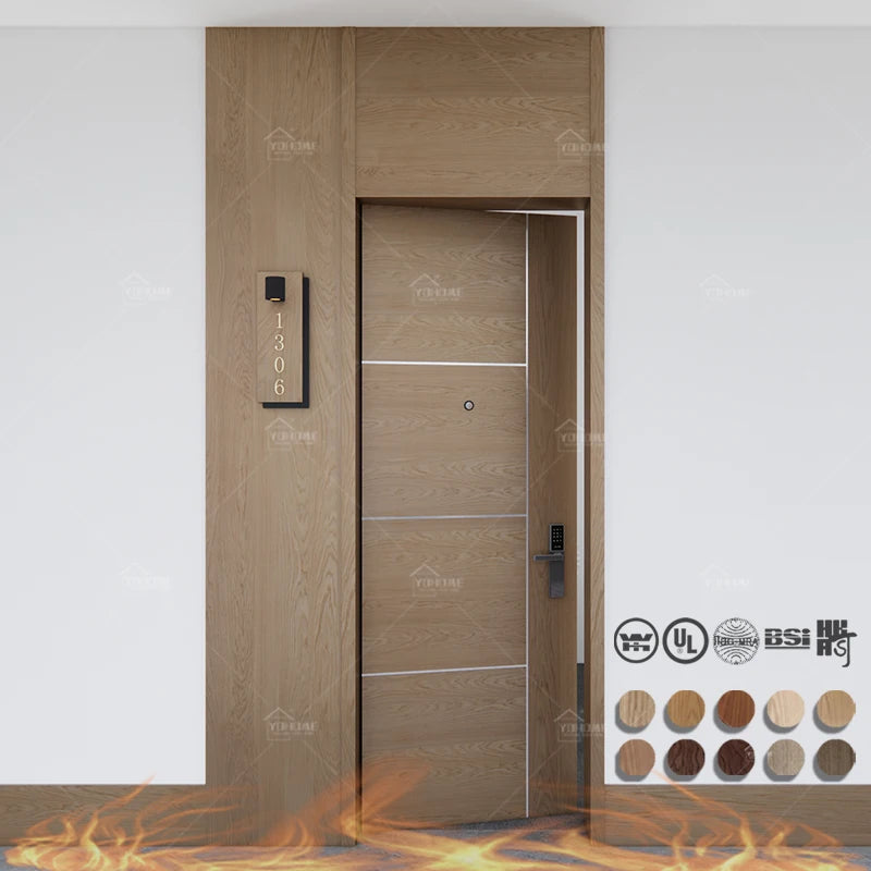 Foshan Manufacturer Fireprotection Panel Doors Wood Oak Fireproof Soundproof Door Fire Rated Hotel Room Doors