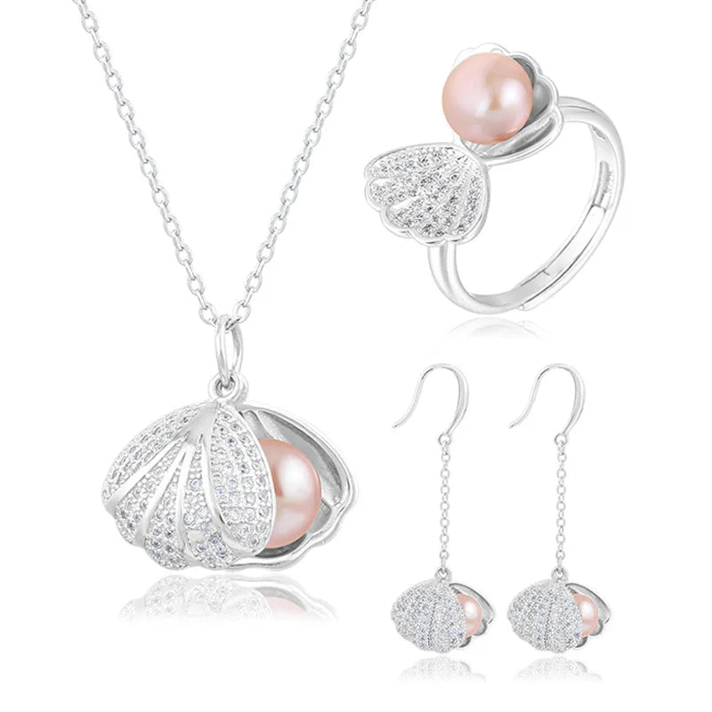 Costume 925 Sterling Silver Women Elegant Open Ring Drop Earrings Necklace Freshwater Natural Pearl Jewelry Set