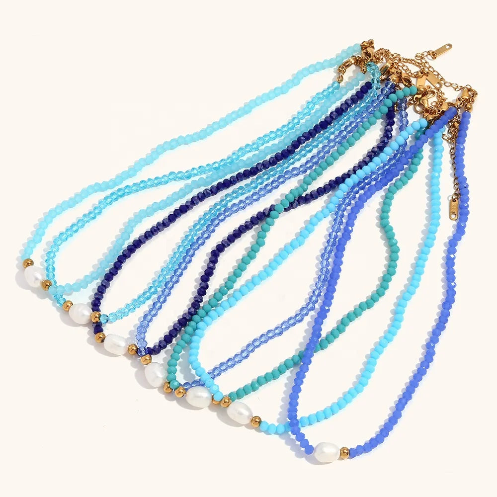 Dingran Necklace Summer Waterproof Freshwater Pearl Blue Crystal Beaded Choker Necklaces Choker Necklace for Girls Women Jewelry