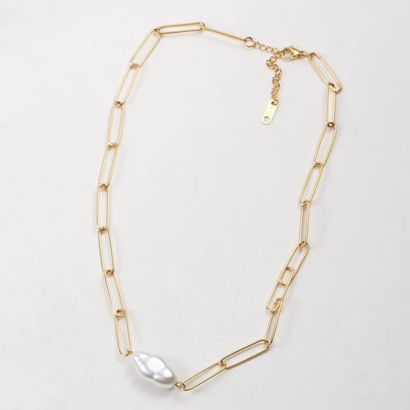 Women Chunky Stainless Steel Long Link Chain Big Baroque Pearl Charm Necklace
