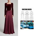Brand Customization  Elegant Women's square Neck Long Sleeve Waist A-line Wine Red Women's Evening Muslim Conservative Dress