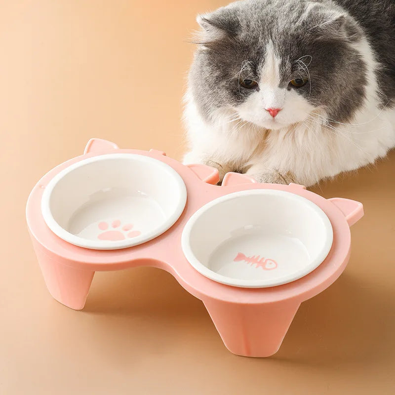 Luxury Tilted Cat Feeding Double Bowl Anti Ant Elevated Adjustable Kitty City Raised Food Pet Ceramic Cat Bowl