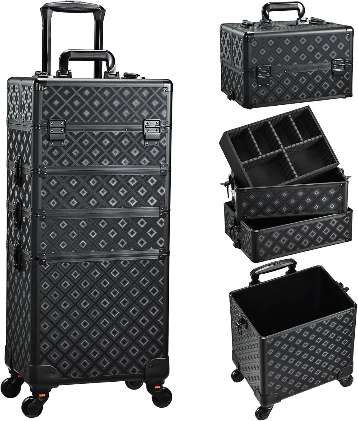 4 1 Durable Fashionable Diamond Patterned Lightweight Rolling Makeup Case Large Capacity Water Resistant Open Closure MegaBDM