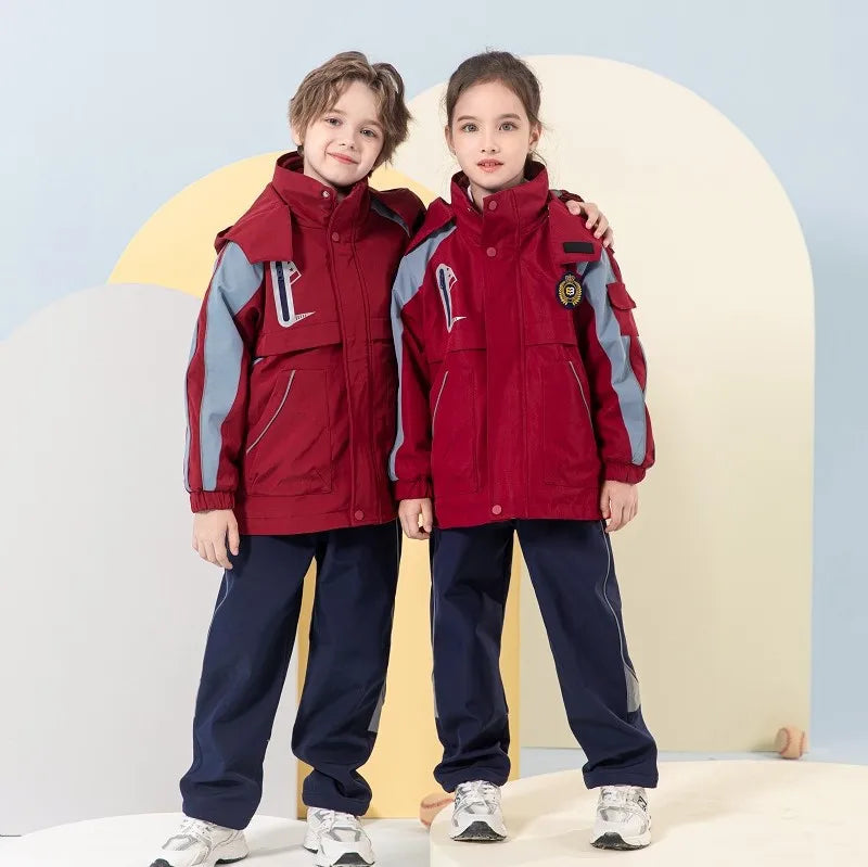 Red Autumn and Winter Primary School Children Cotton Windproof Three-in-one Thickened Jacket Suit