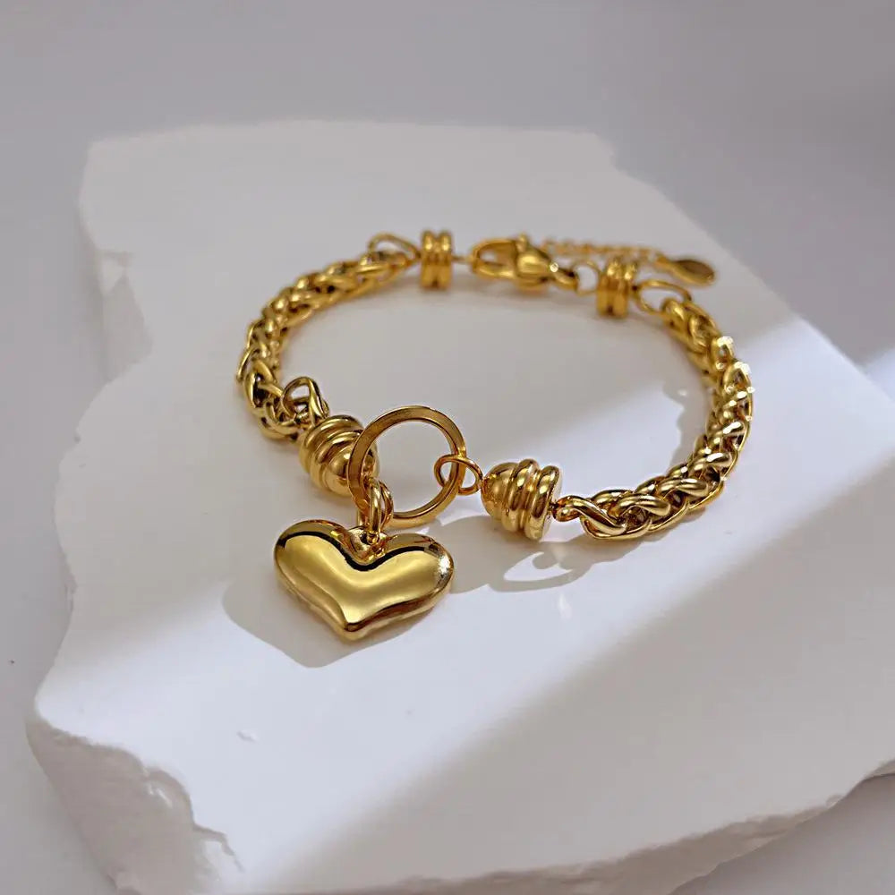 European American Fashion Trendy High-End Stainless Steel Gold Plated Unisex Personalized Heart Chain Link Bracelet
