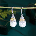 Two Tone Silver Plated Triple Cubic Zirconia Dangly Drop Long Hook Pearl Earrings for Women Engagement Party