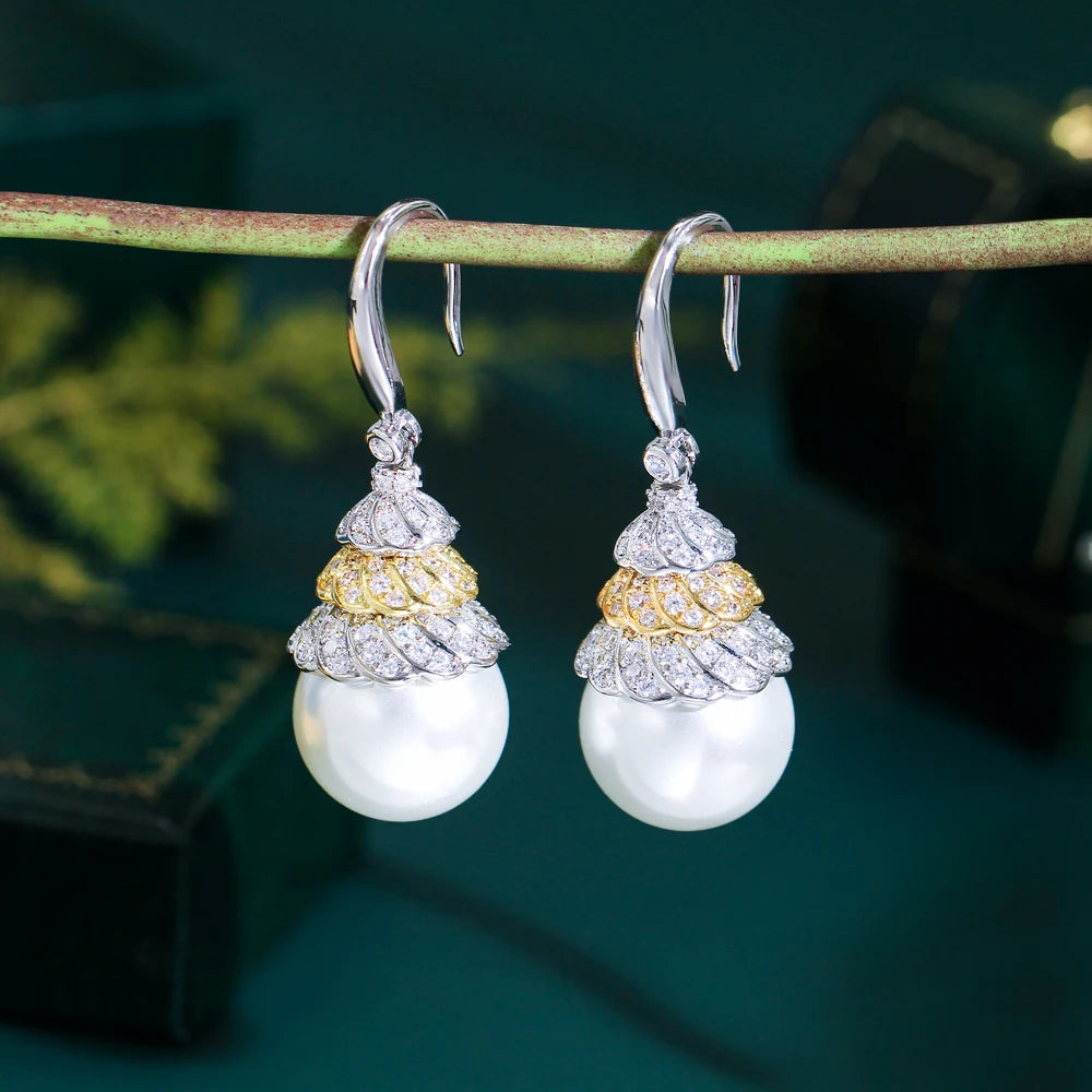 Two Tone Silver Plated Triple Cubic Zirconia Dangly Drop Long Hook Pearl Earrings for Women Engagement Party