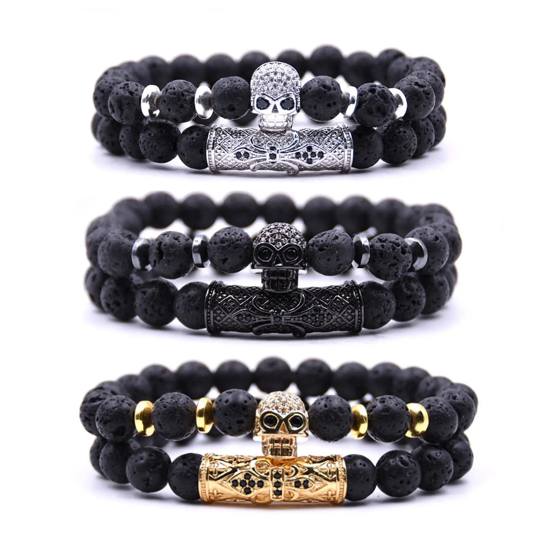 8mm Charm Handmade Beads Bracelets For Men Women With Gem Stone Skull 2 Pieces Combination Bracelet