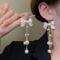 Trendy Bowknot Long Tassel Earrings for Women Shiny Crystal Elegant Pearl Girls Jewelry Wedding Butterfly Dangle Earrings Gift