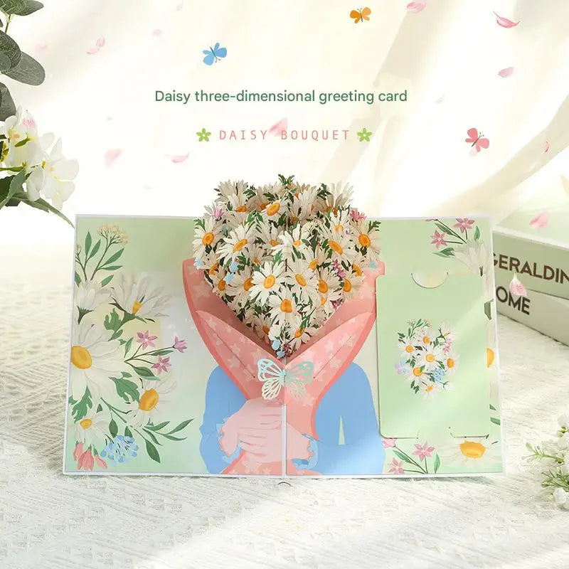 Holding a Bouquet of Daisies in Her Hands 3D Pop up Card Includes Envelope and Note Tag Bouquet Forever Flowers Keepsake