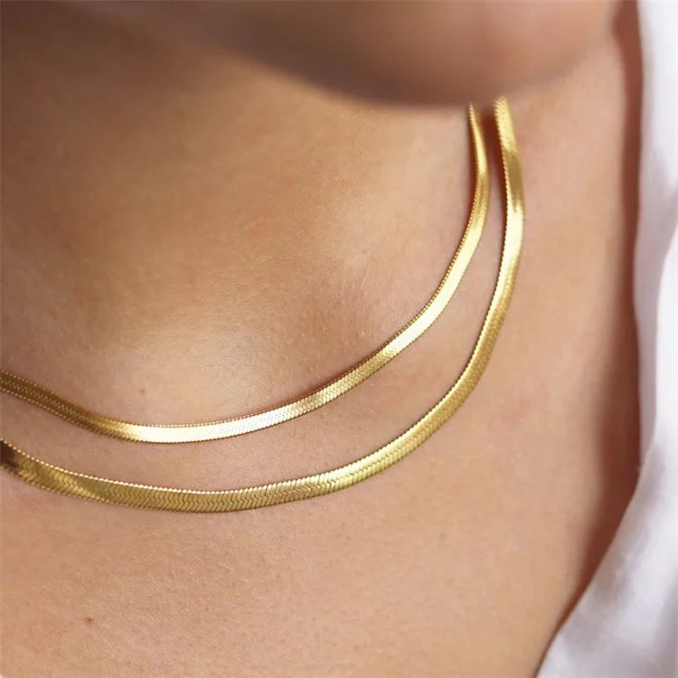 Trendy Design Stainless Steel Herringbone Choker Necklace Layer Snake Chain Necklace Gold Plated Jewelry Flat Snake Necklace