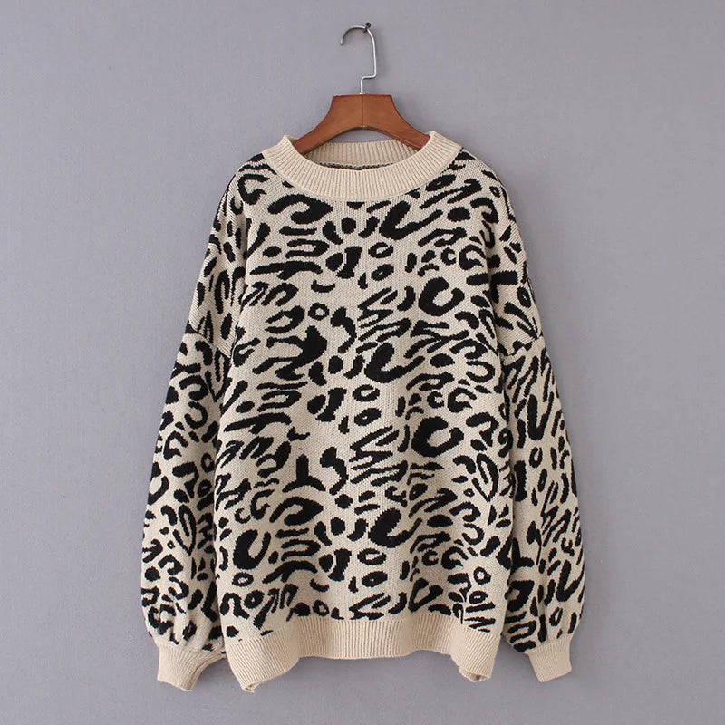 Sweater Women Crew Neck Leopard Knitted Sweater Animal Print Winter Thick Female Pullovers Casual Tops Oversized Sweater