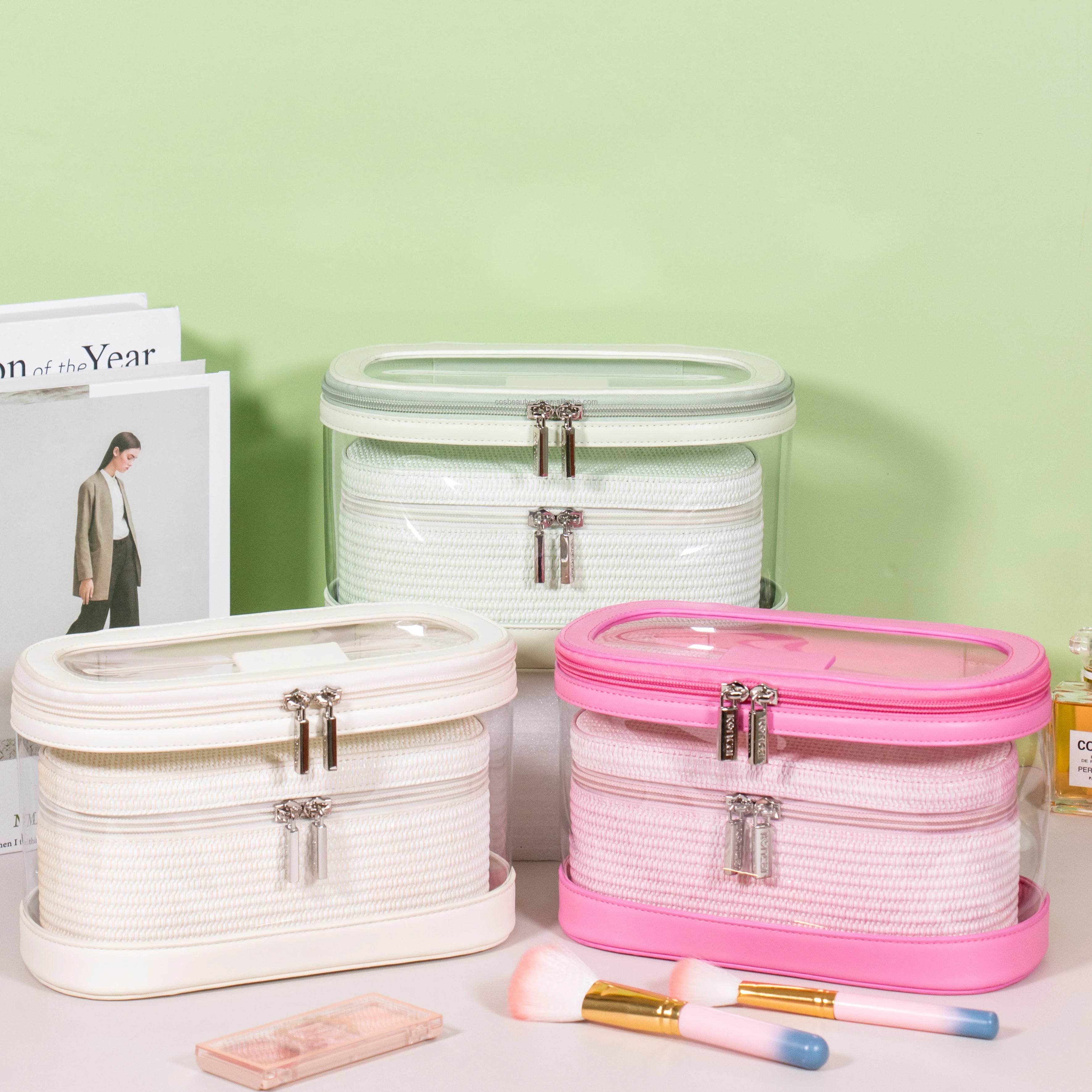 Custom Logo PU+PVC Clear Cosmetic Bag Ste Makeup case Waterproof Travel Toiletry Organizer Makeup Bags