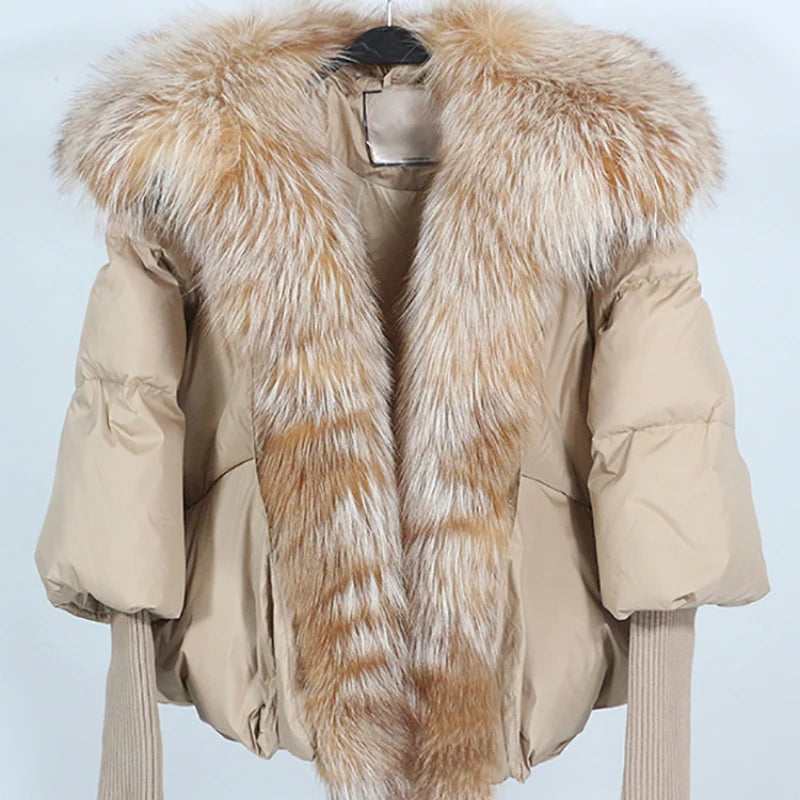 OFTUBY 2023 Casual Winter Coat for Women White Duck Down with Real Fox Fur Detachable Placket Knitted Half Sleeve Short Style